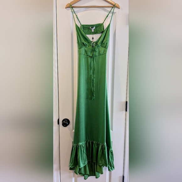 Secret Mission 100% Silk Kathleen Kelly Green Maxi Cutout Dress Size Large NWT - Picture 3 of 16